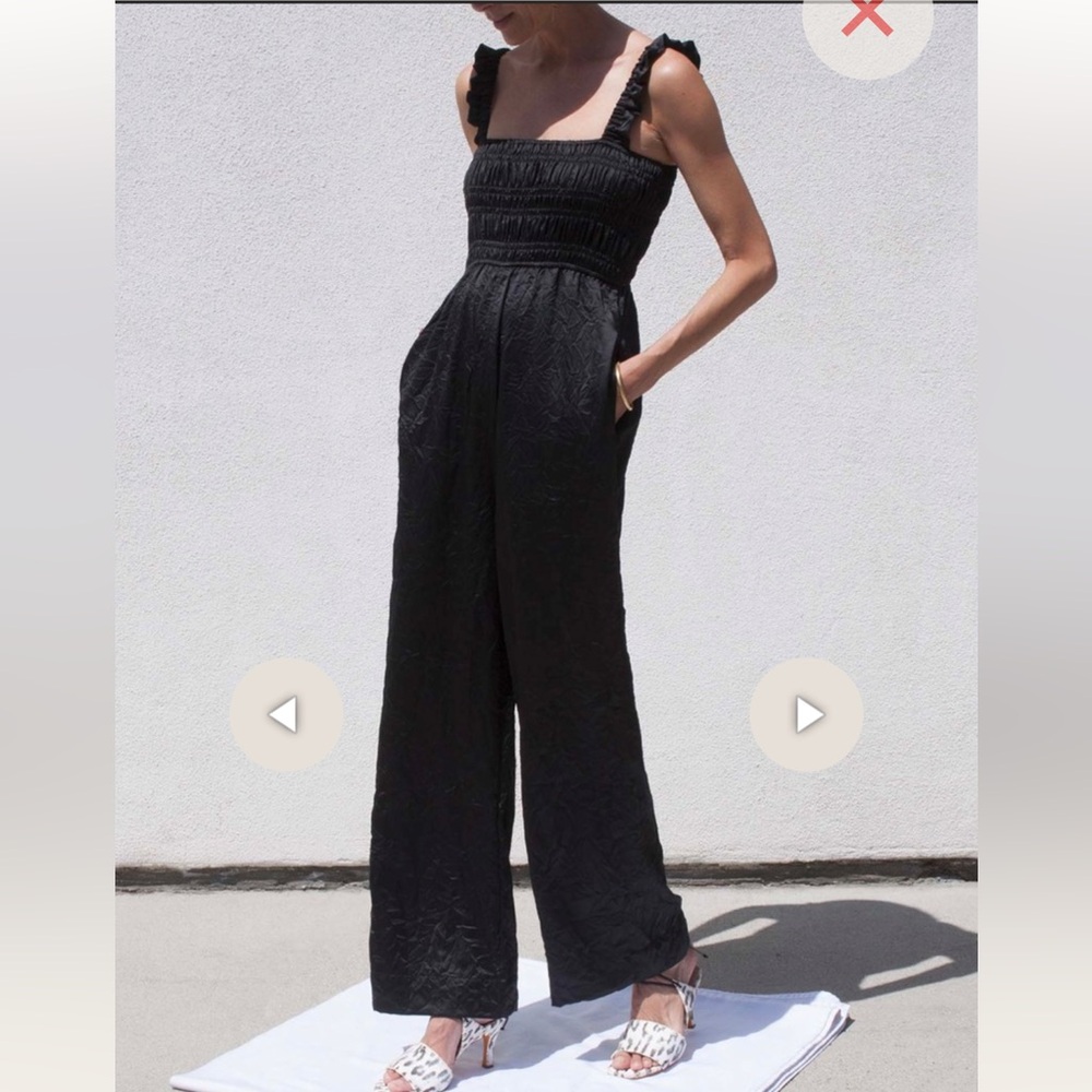 Ganni Black Satin Ruched Jumpsuit